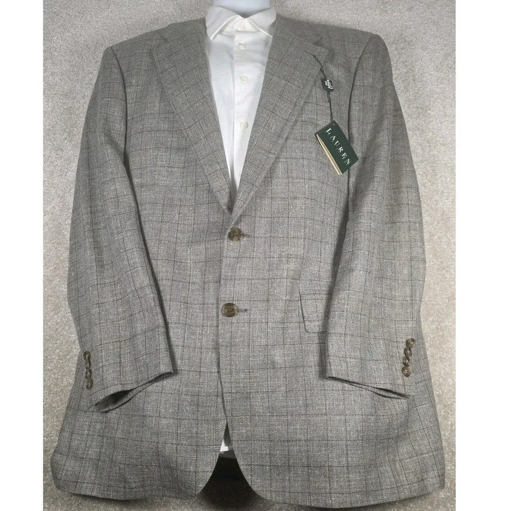Lauren Ralph Lauren Blazer Mens 43T Tan Silk Linen Wool Glen Plaid Sprt Coat NEW - Picture 1 of 11